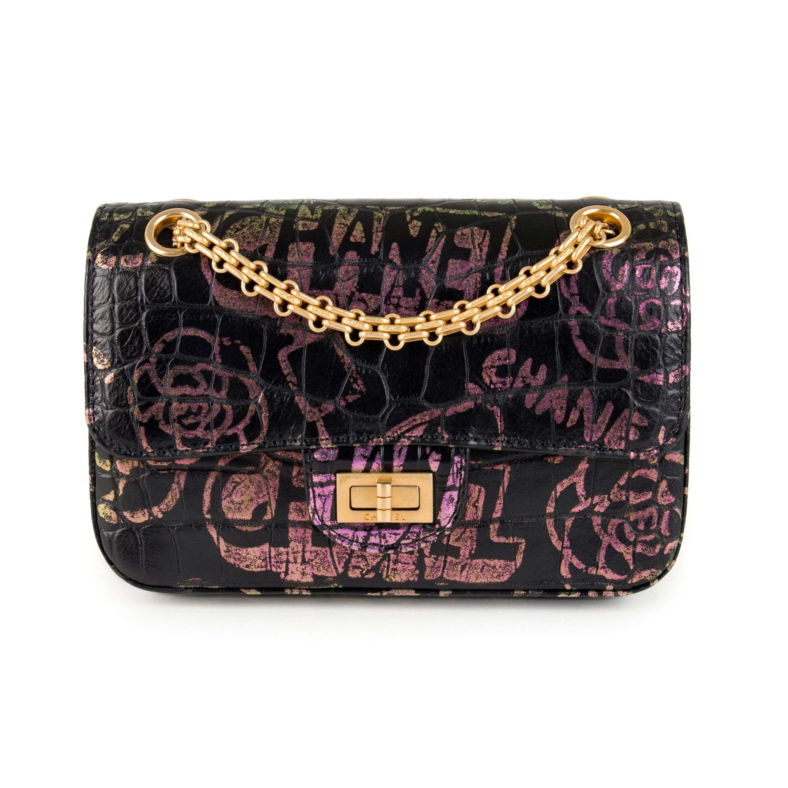 image of Chanel Black Crocodile Embossed Graffiti Reissue 2.55 224 Mini Flap Bag, Women's