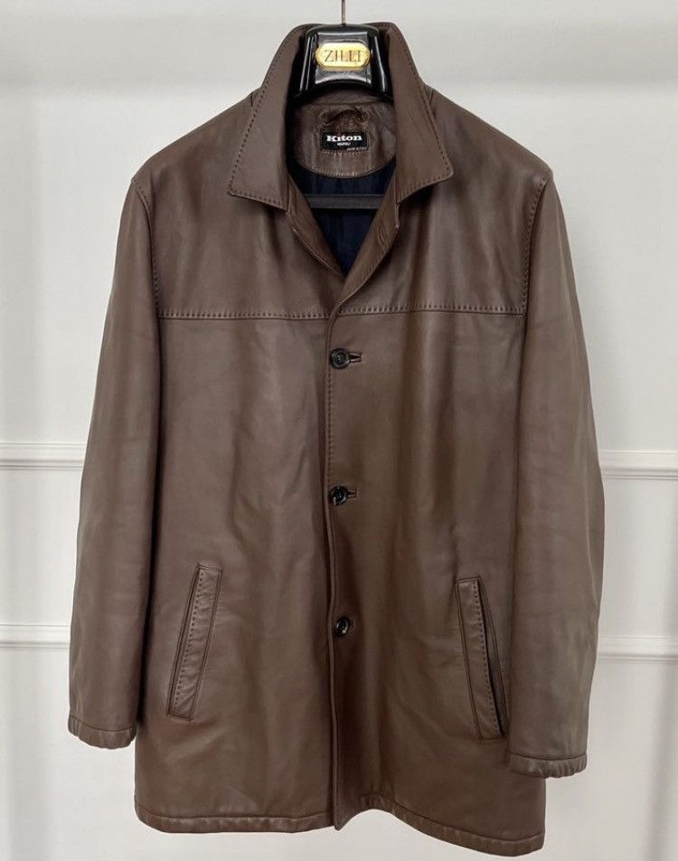 image of Kiton Leather Biker Button Detailed Cashmere Lining Jacket in Brown, Men's (Size Medium)