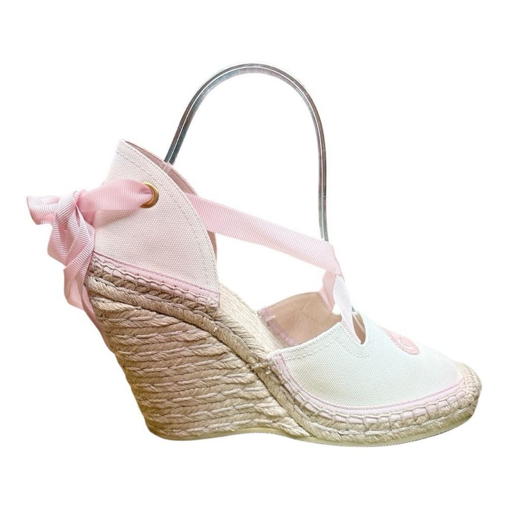 Gucci GUCCI Judit Espadrille Wedge Sandals White Pink GG Lace Up E Size US 8.5 / IT 38.5 - 6 Thumbnail