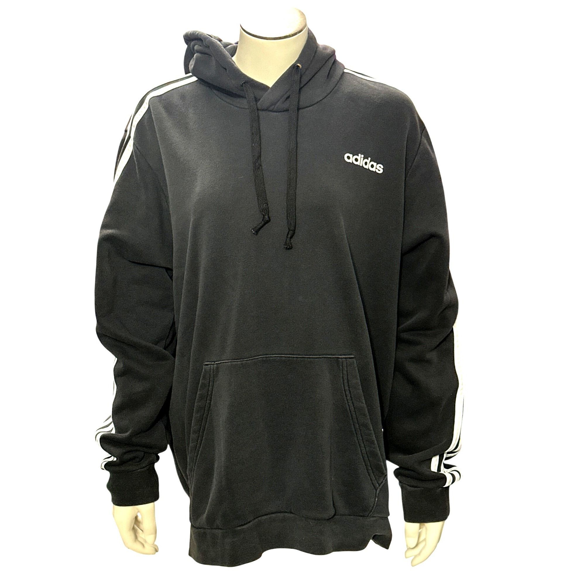 Adidas Adidas Black Hoodie White Stripes Kangaroo Pocket Drawstring Size US L / EU 52-54 / 3 - 3 Thumbnail