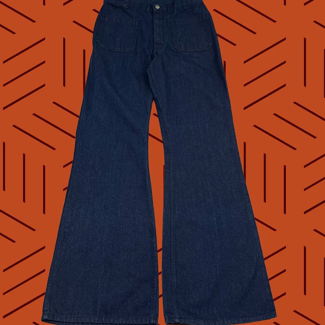 Bell VINTAGE Navdungarees Jeans Mens 32x34 Denim Blue 80s Flared Bell Utility Trousers US Navy Baggy Size US 32 / EU 48 - 1 Thumbnail