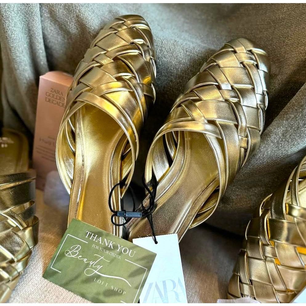 Zara ZARA Gold Woven Metallic Flat Mules NWT Size US 7.5 / IT 37.5 - 12 Thumbnail