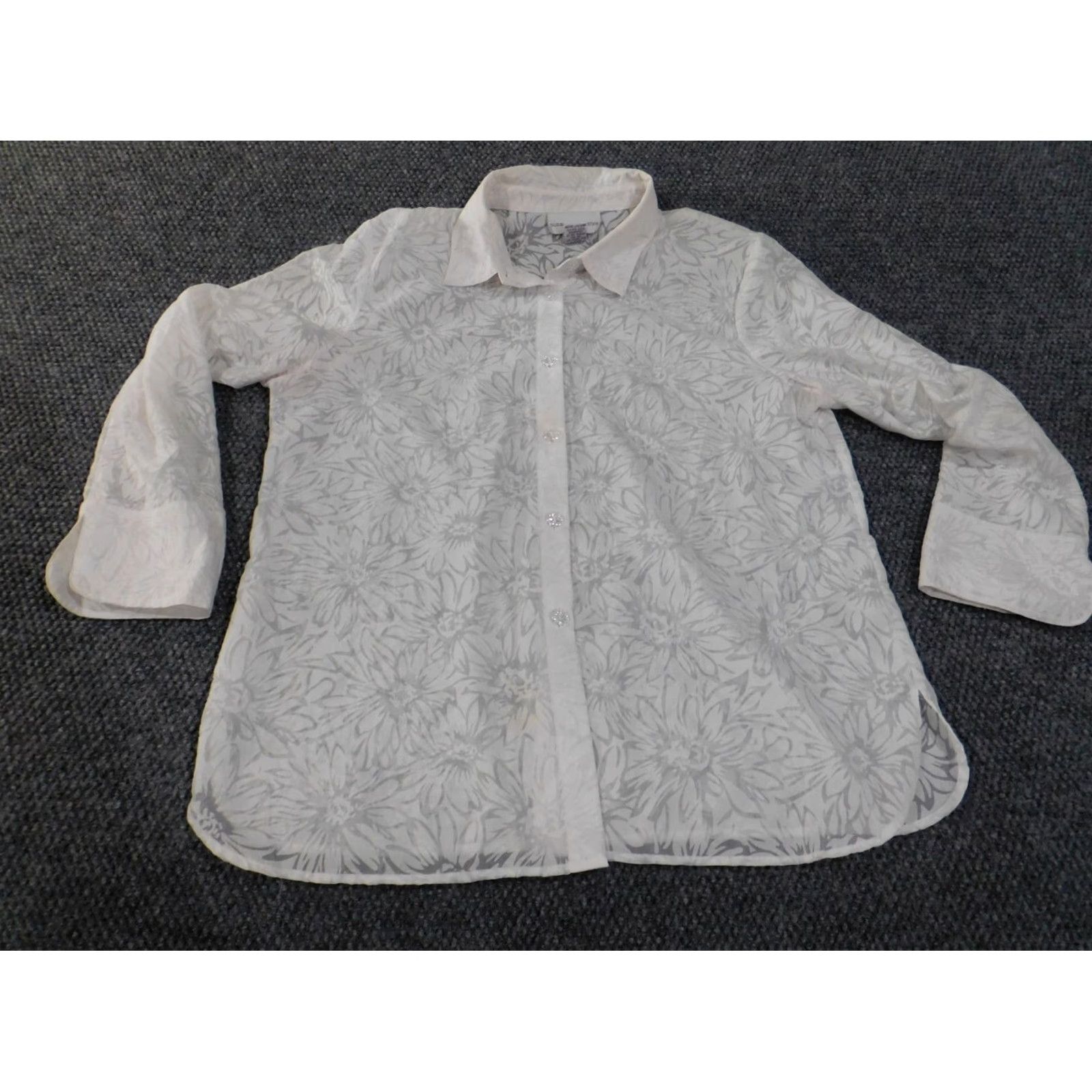 Vintage Susan Graver Button-Up Shirt Womens Large White Floral Sheer Knit Polyester Casual Long Sleeve Collared Size L / US 10 / IT 46 - 4 Thumbnail