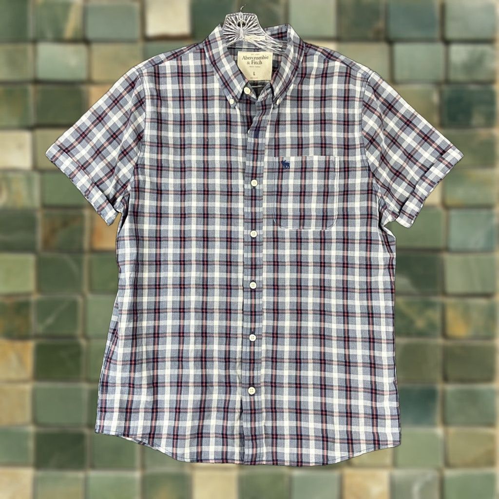 Abercrombie & Fitch ABERCROMBIE & FITCH Plaid Button-Up Shirt Men’s L Short Sleeve Gray Red Multicolor Size US 33 - 1 Thumbnail