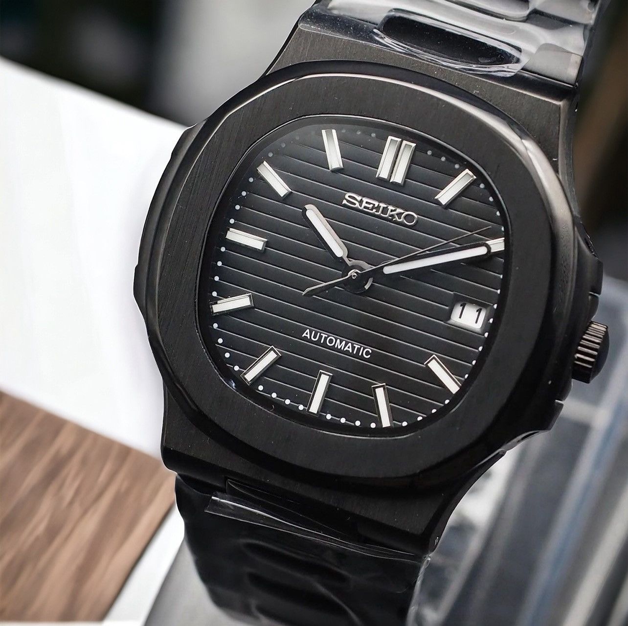 Japanese Brand × Seiko Seiko Mod AP Nautilus All Black Dial Stainless ...