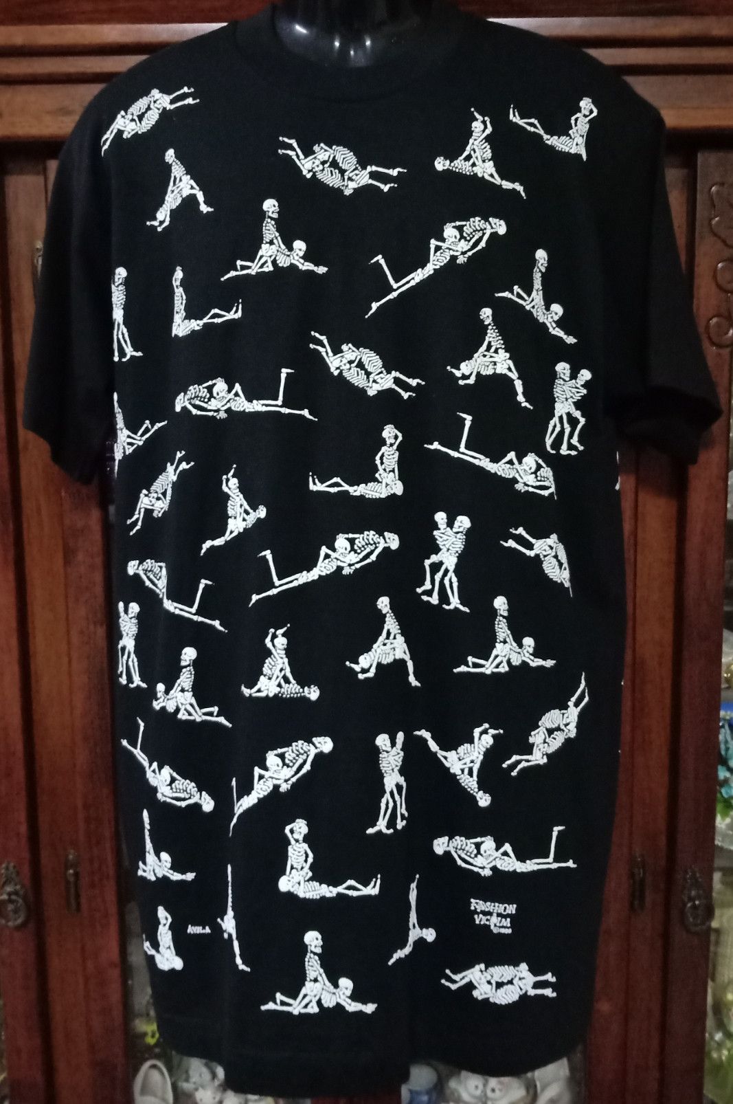image of Vintage 90's Fashion Victim Skeleton Sex Positions T-Shirt in Black, Men's (Size Large)