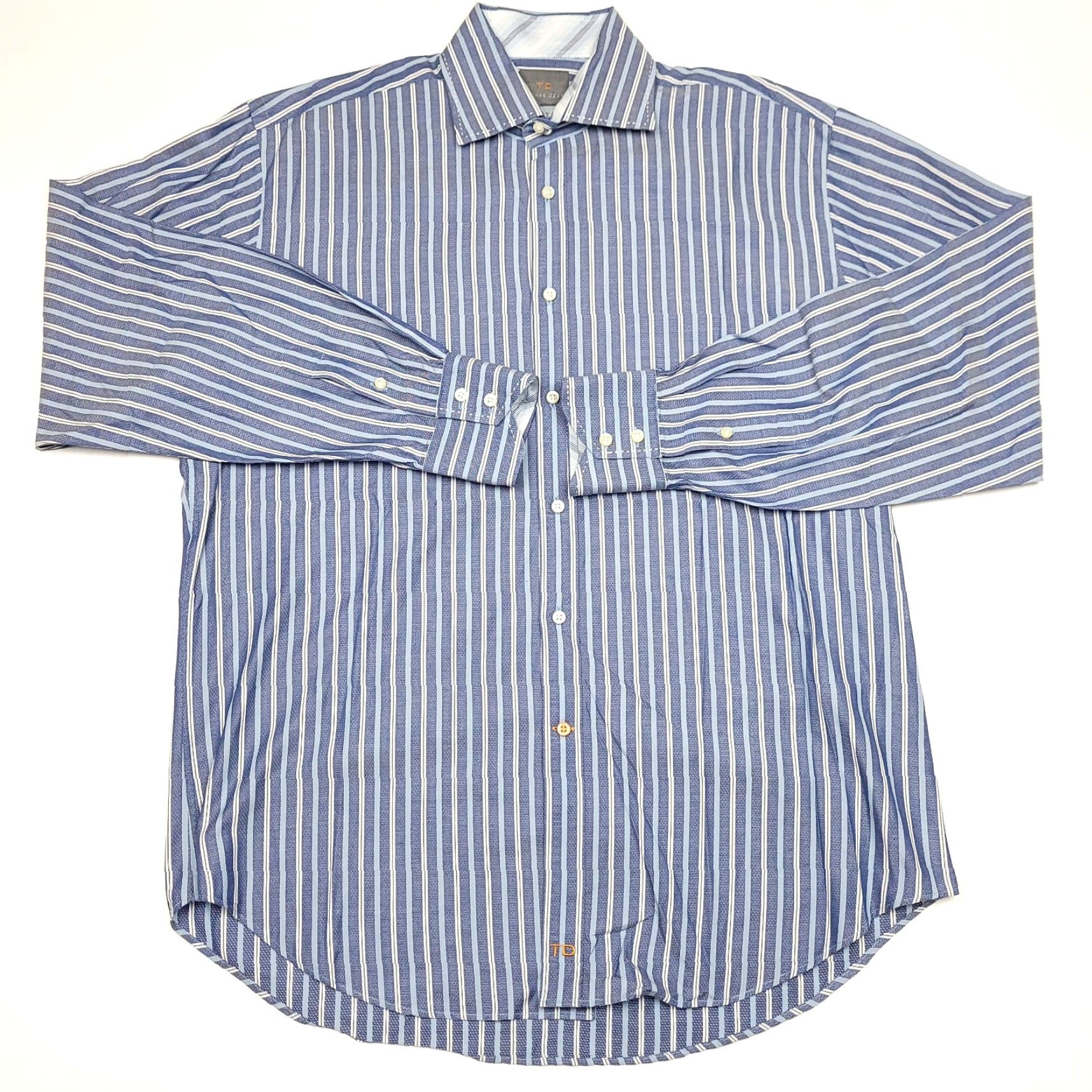 Vintage Thomas & Thomas Dress Shirt Mens Large Blue Striped Long Sleeve Button-Down 100% Cotton Size 42R - 3 Thumbnail