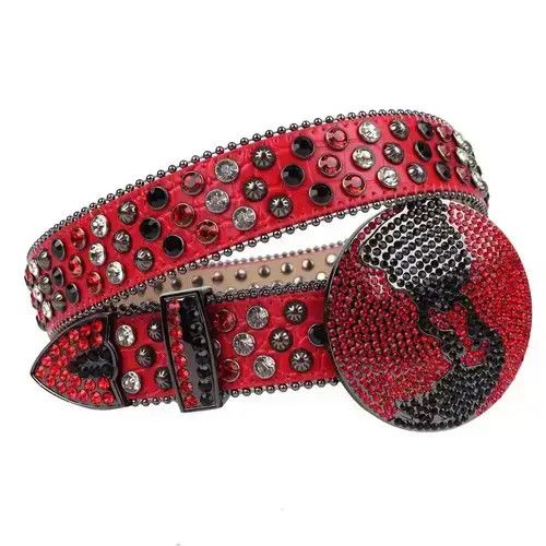 Other y2k red studded rhinestone leather belt Size 36 - 2 Thumbnail