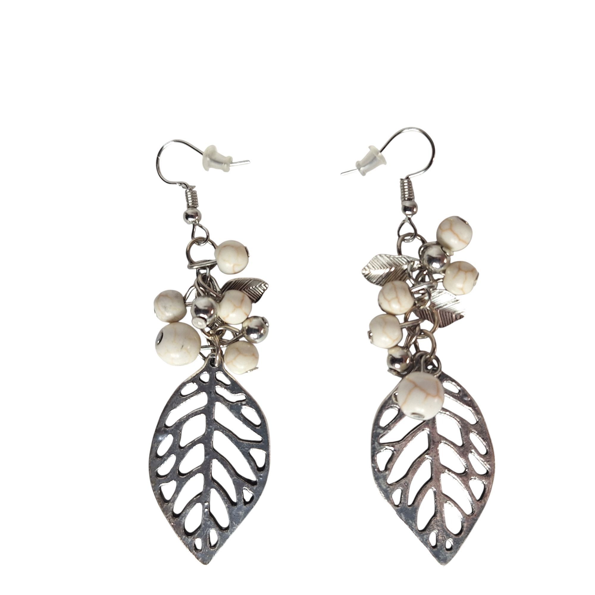 Other Boho Silver Leaf Dangle Earrings White Marble Bead Botanical Size ONE SIZE - 1 Thumbnail