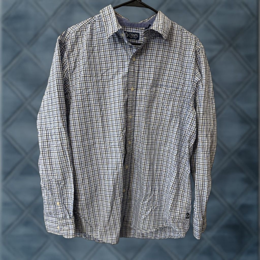 Chaps CHAPS Shirt Mens Large Blue Plaid Button-Up Long Sleeve Cotton-Polyester Pocket Easy Care Mens Size US L / EU 52-54 / 3 - 1 Thumbnail