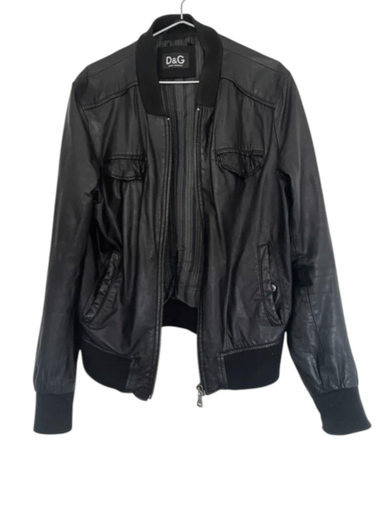 Dolce & Gabbana D&G Black Lamb Leather Bomber Jacket with Zip Cuffs Size US L / EU 52-54 / 3 - 1 Thumbnail