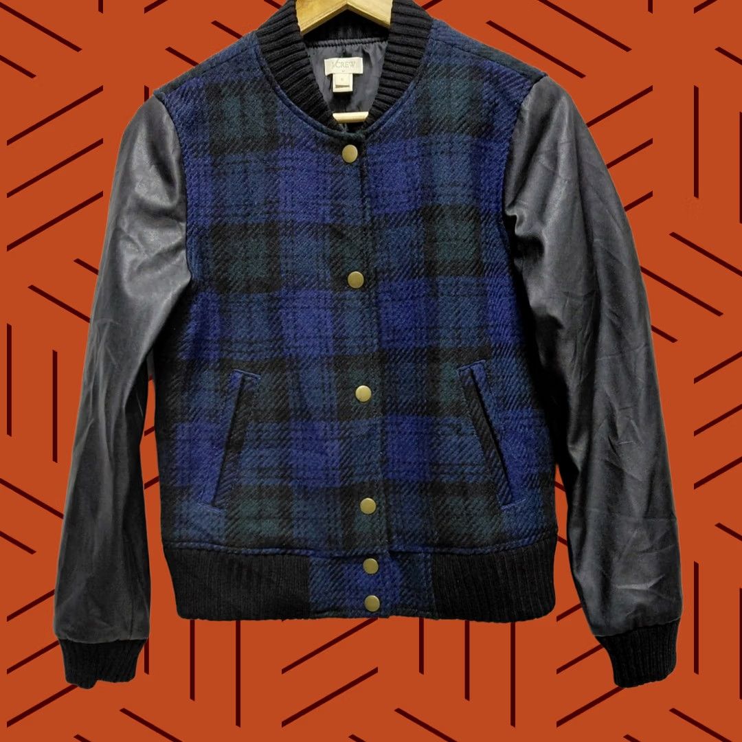 J.Crew J.Crew Plaid Wool Blend Bomber Jacket Blue Faux Leather Blend Size S Women Regular Pocket Buttoned Lined Lightweight Dry Clean Only Size S / US 4 / IT 40 - 1 Thumbnail