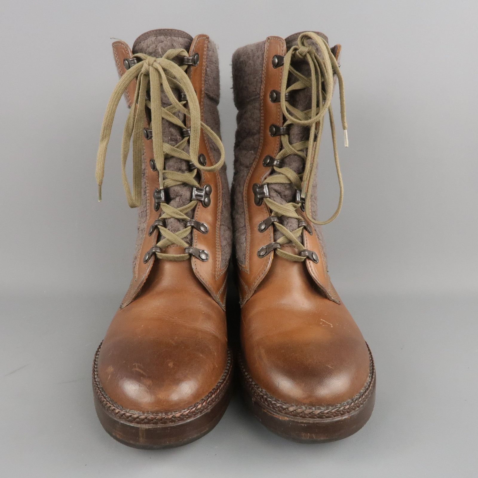 Lanvin Size 7 Brown Leather & Textured Lace Mid Calf Combat Boots Size US 7 / EU 40 - 4 Thumbnail