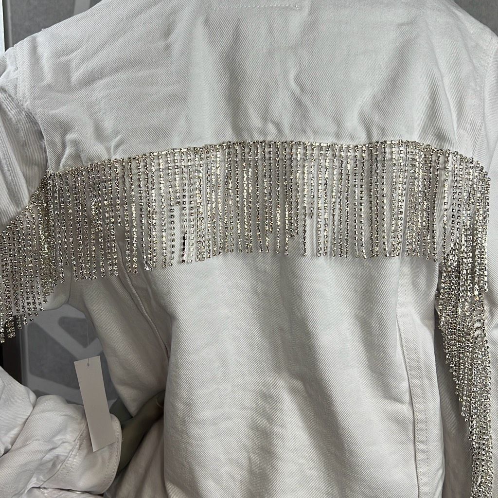 BLANKNYC Blank NYC White Denim Rhinestones Fringe Jacket NWT S Size S / US 4 / IT 40 - 3 Thumbnail