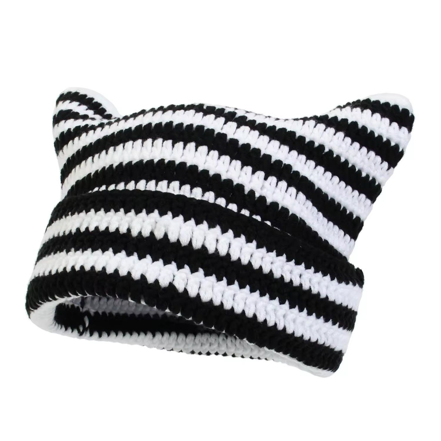 Japanese Brand Cat Ears Striped Knitted Beanie Hat Size ONE SIZE - 1 Thumbnail