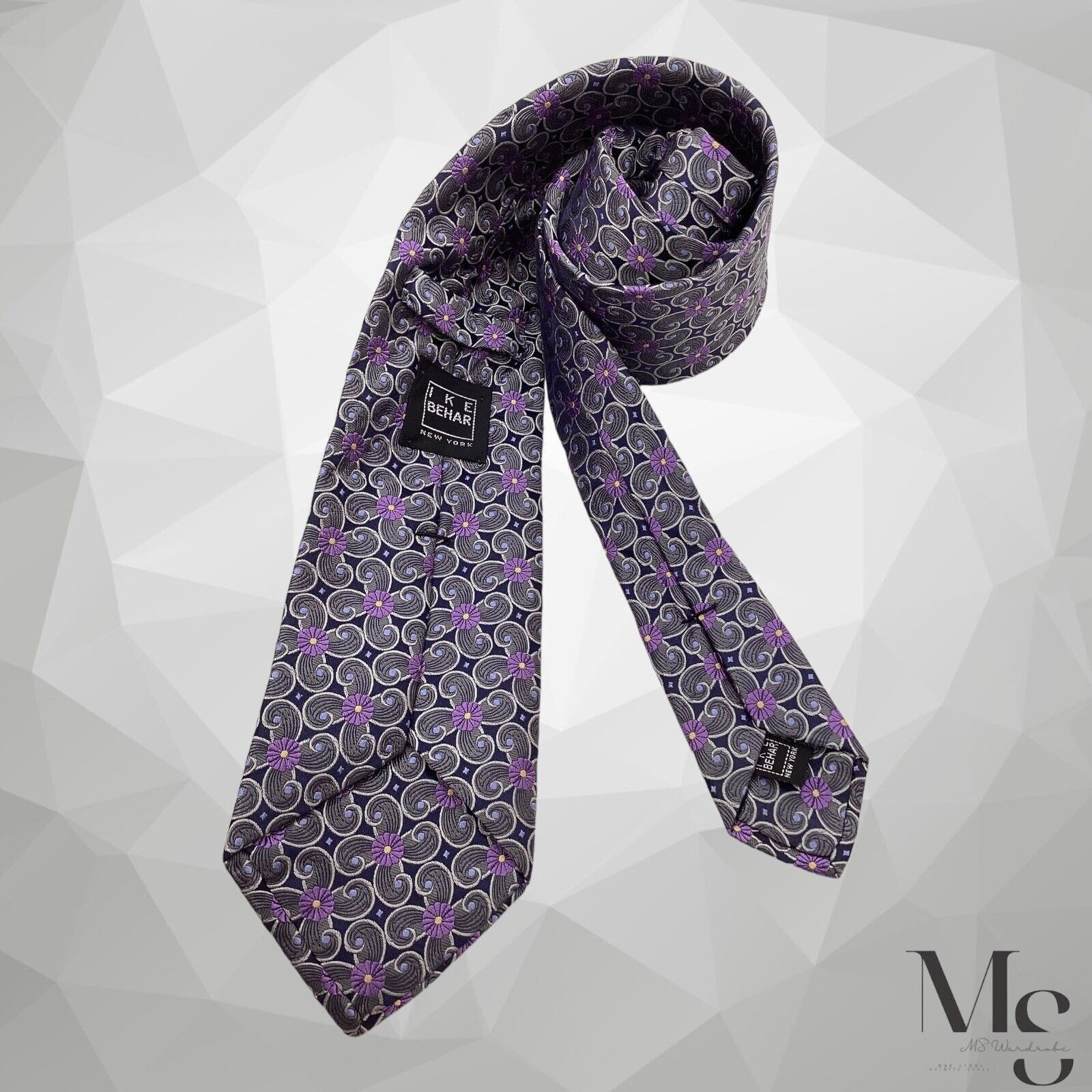 Ike Behar IKE BEHAR Gray Floral Luxury Silk Tie H.Made In USA W:3.5" Size ONE SIZE - 2 Thumbnail
