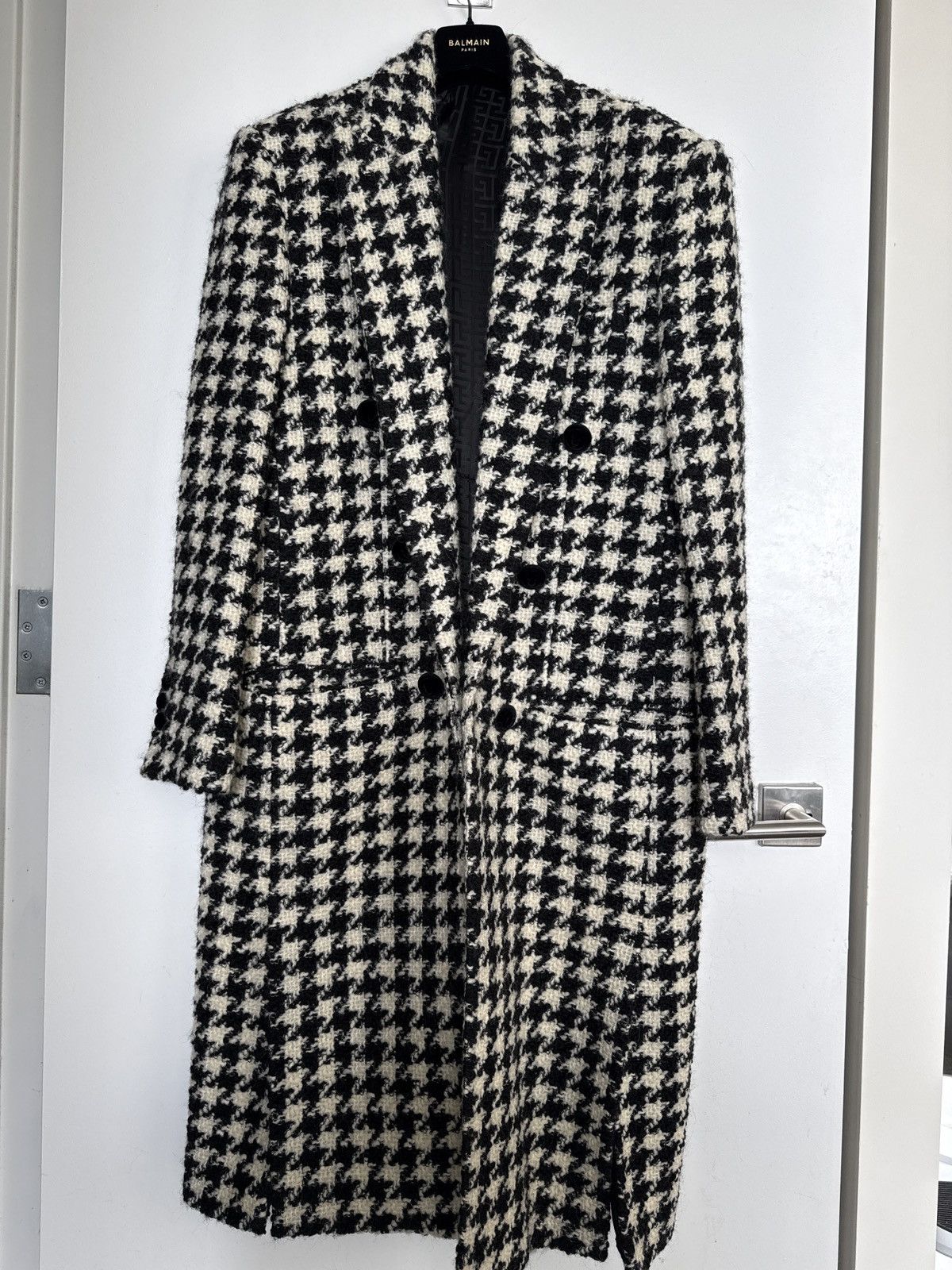 Balmain Double-Breasted Wool Houndstooth Coat
