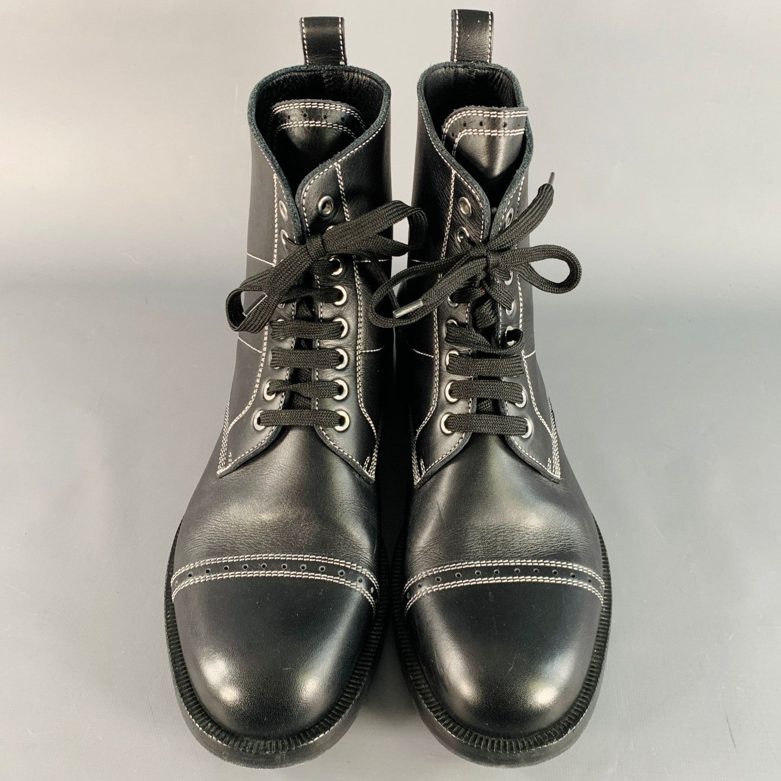Loewe 12 Black White Contrast Stitch Leather Military Boots Size US 12 / EU 45 - 4 Thumbnail