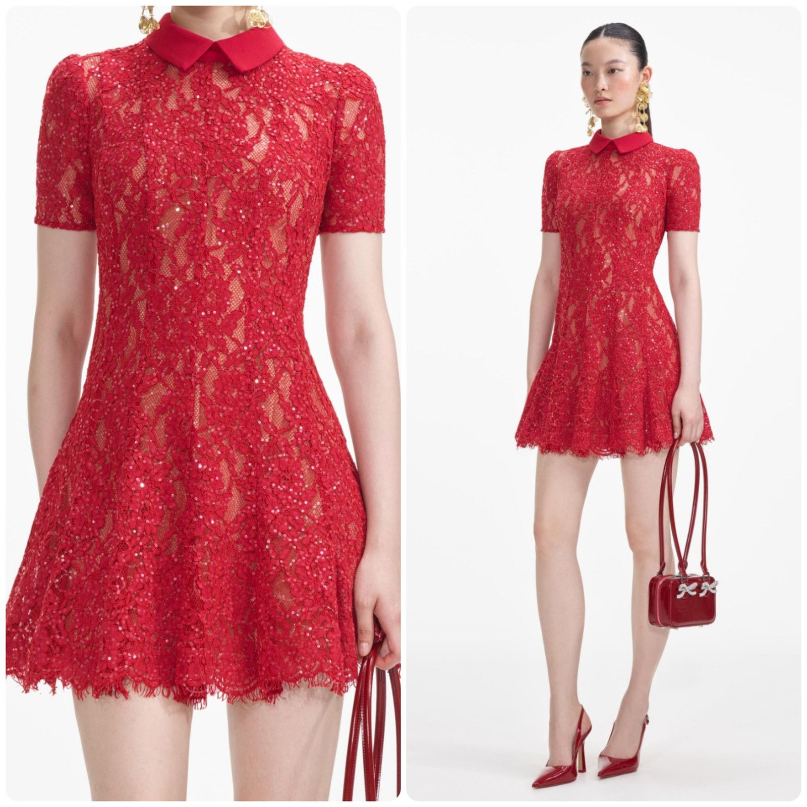 Self-Portrait Women's Red Sequin Lace Mini Dress