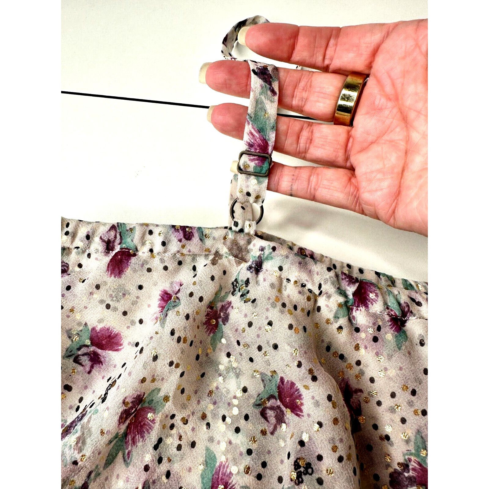 Other NWT Ella Moss White Purple Gold Dot Spaghetti Ruffle Top L Size L / US 10 / IT 46 - 7 Thumbnail