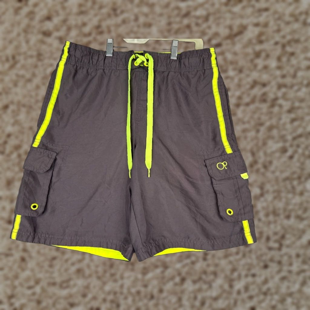 Ocean Pacific Ocean Pacific Board Shorts Men Small Gray 100% Polyester Cargo Drawstring Elastic Waist Pockets Beach Surfing 30x10 Mens Size US 29 - 1 Thumbnail
