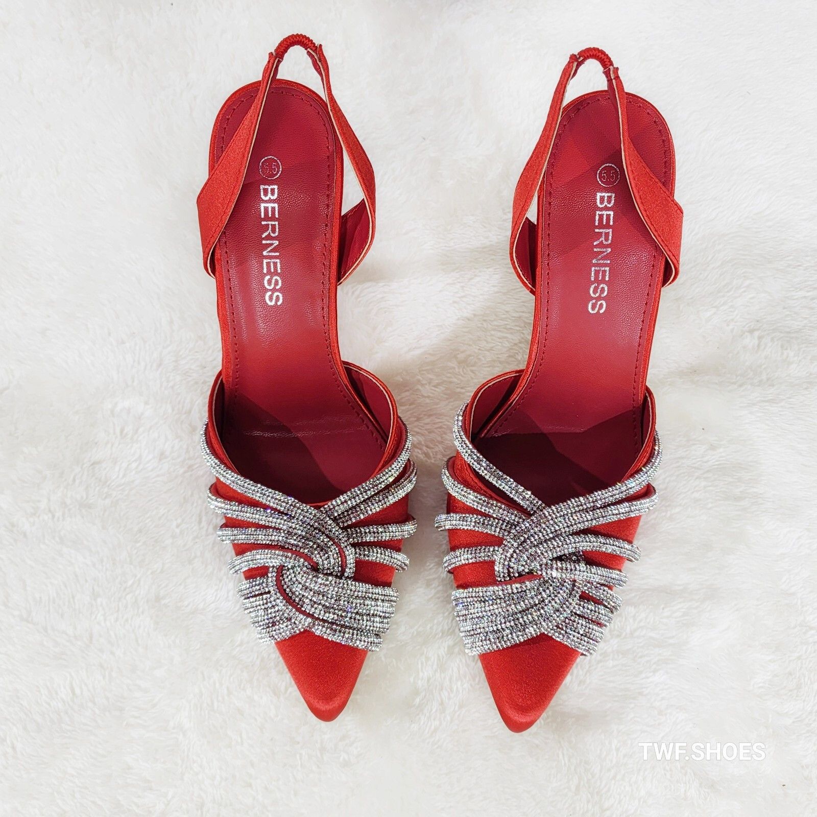 Other Elegance Slip on Slingback Red Satin Rhinestone Pointy Toe H Size US 8.5 / IT 38.5 - 1 Thumbnail