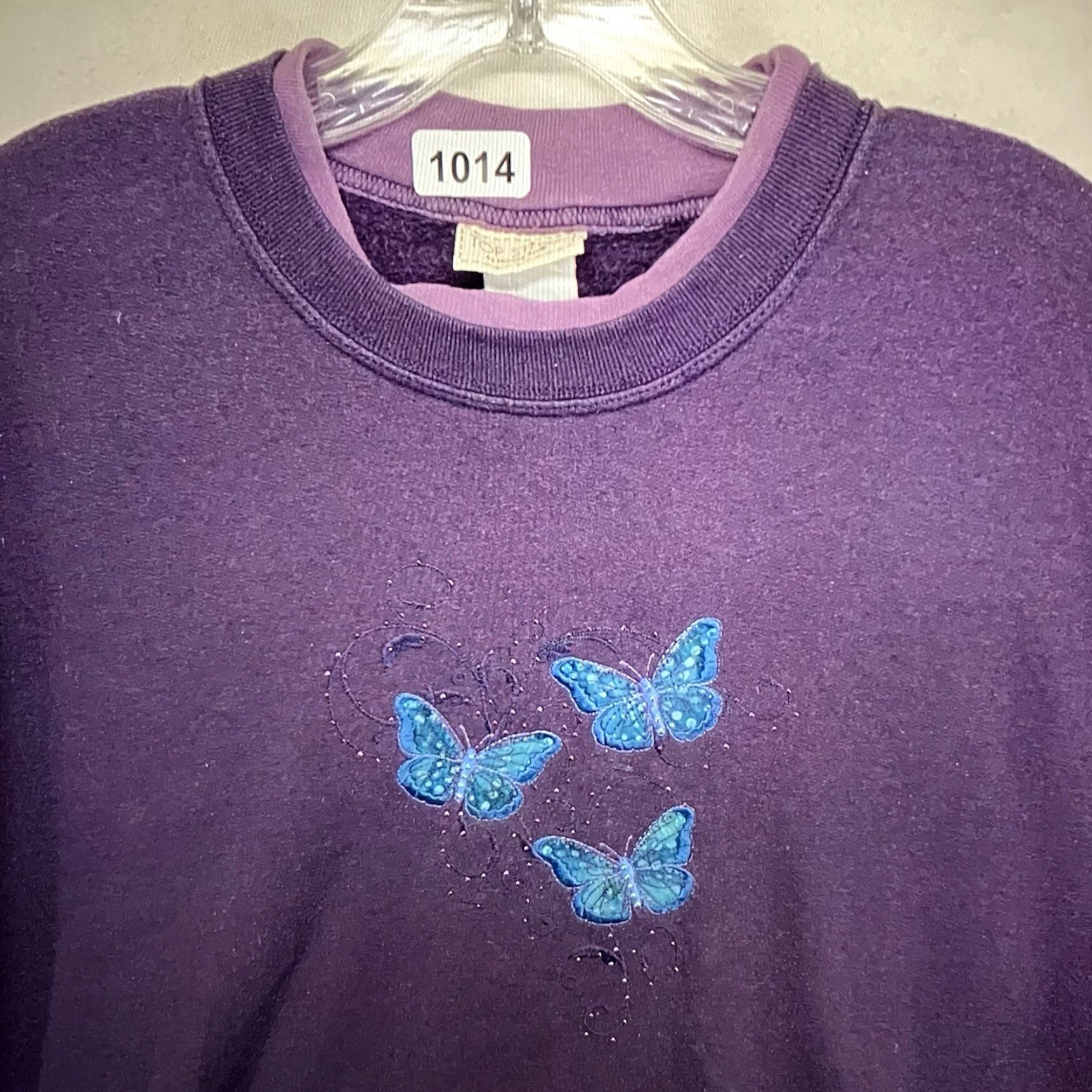 Vintage VINTAGE Morning Sun Nature Sweatshirt Purple Blue Butterflies 90s Goth Graphic Fleece XL Womens Pullover Crew Neck Sequin Embellished Size XL / US 12-14 / IT 48-50 - 3 Thumbnail