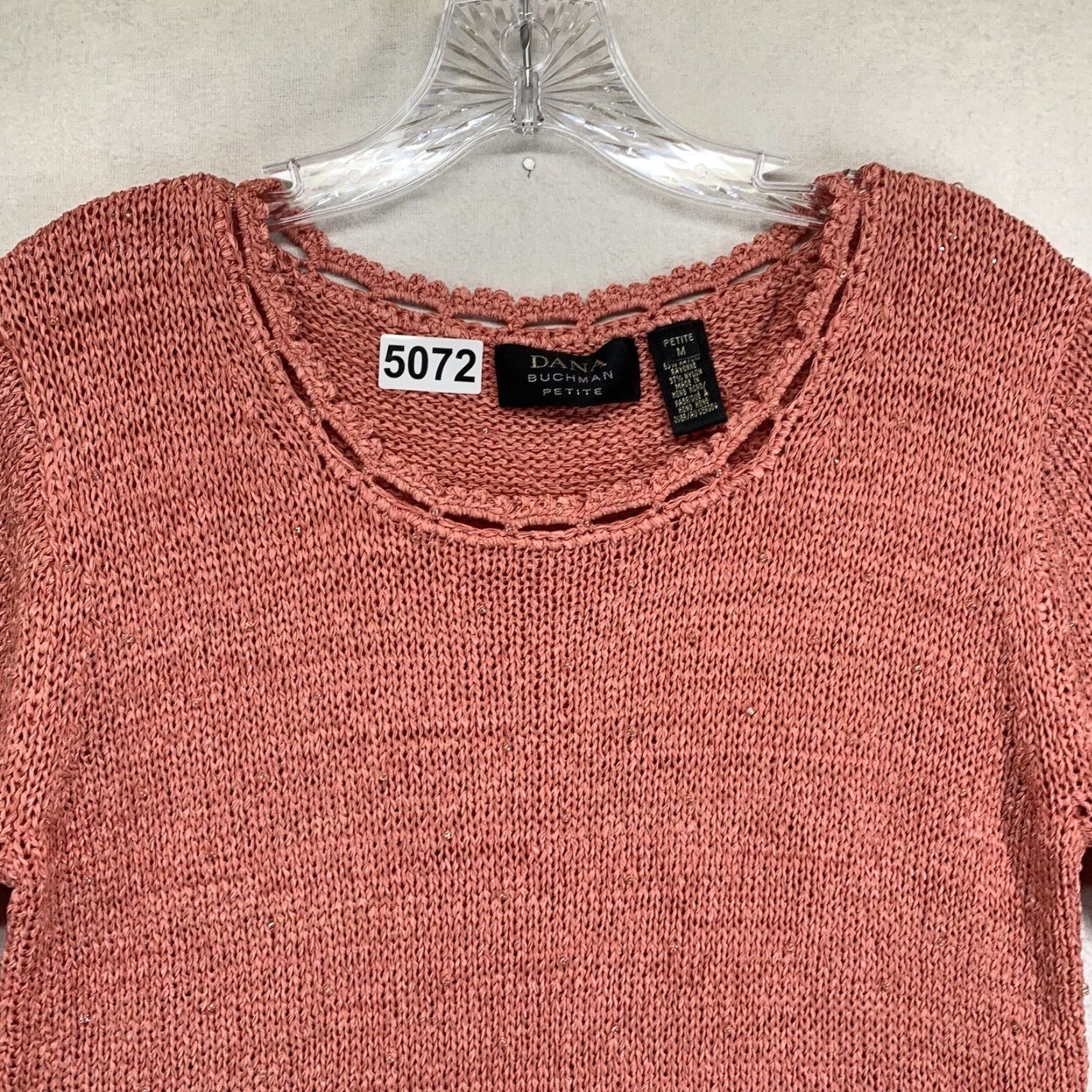 Vintage VINTAGE Dana Buchman Women's Blouse Petites Coral Short Sleeve Embellished 90s Summer Fashion Ladies Size M / US 6-8 / IT 42-44 - 3 Thumbnail