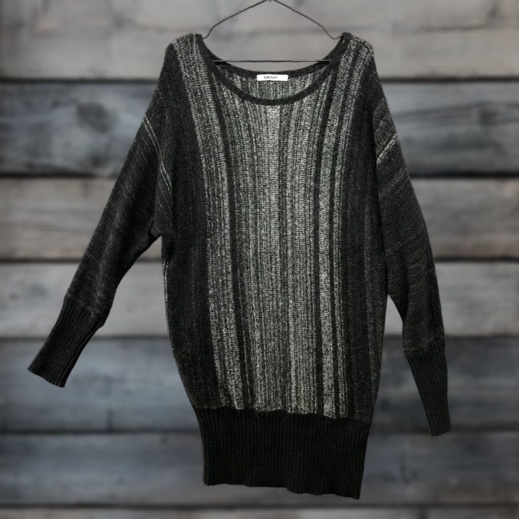 DKNY DKNY Dolman Sleeve Tunic Sweater Womens L Black Gray Striped Angora Blend Size L / US 10 / IT 46 - 1 Thumbnail