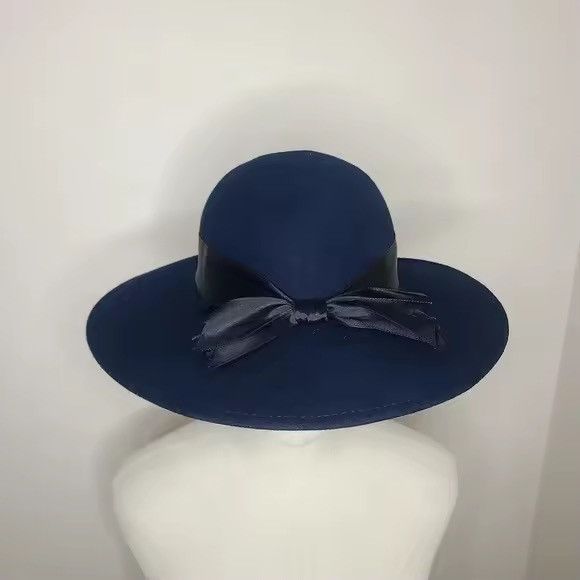 Blue Wool Felt Hat With Black Bow