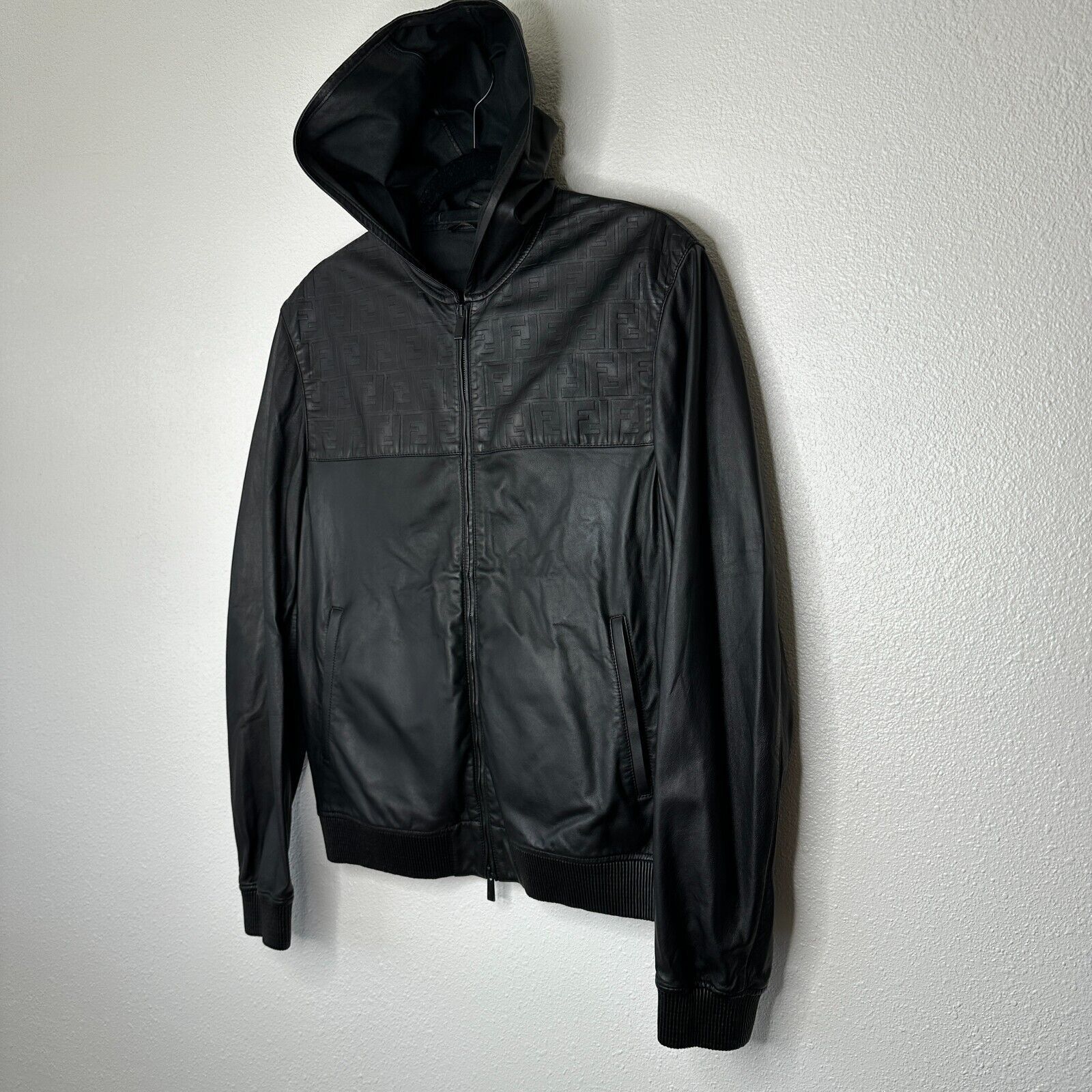 Fendi Fendi Black Leather Embossed Monogram Front Hooded Jacket Size US L / EU 52-54 / 3 - 4 Thumbnail