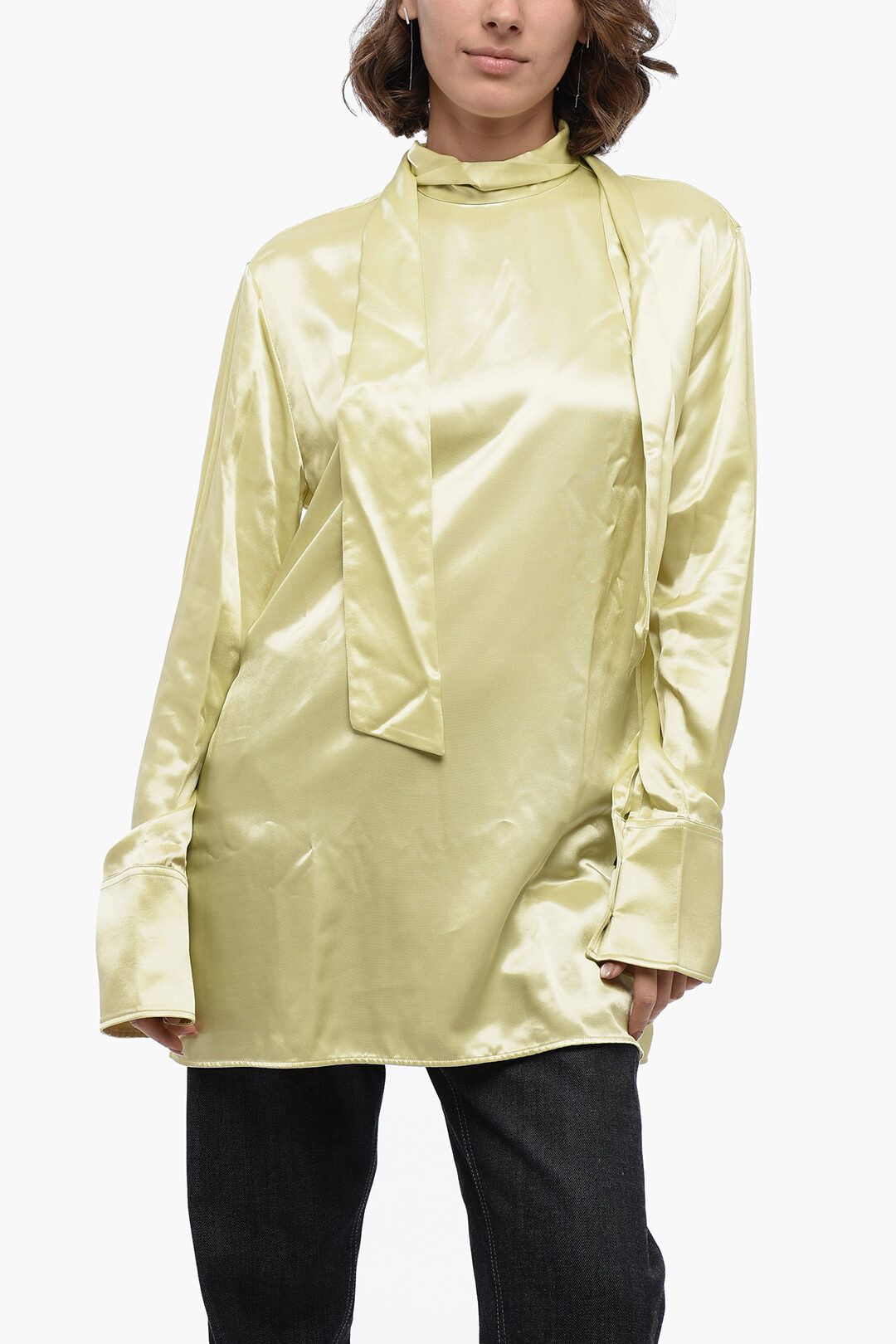 og1mm1225 Tie Neck Satin Blouse in Yellow