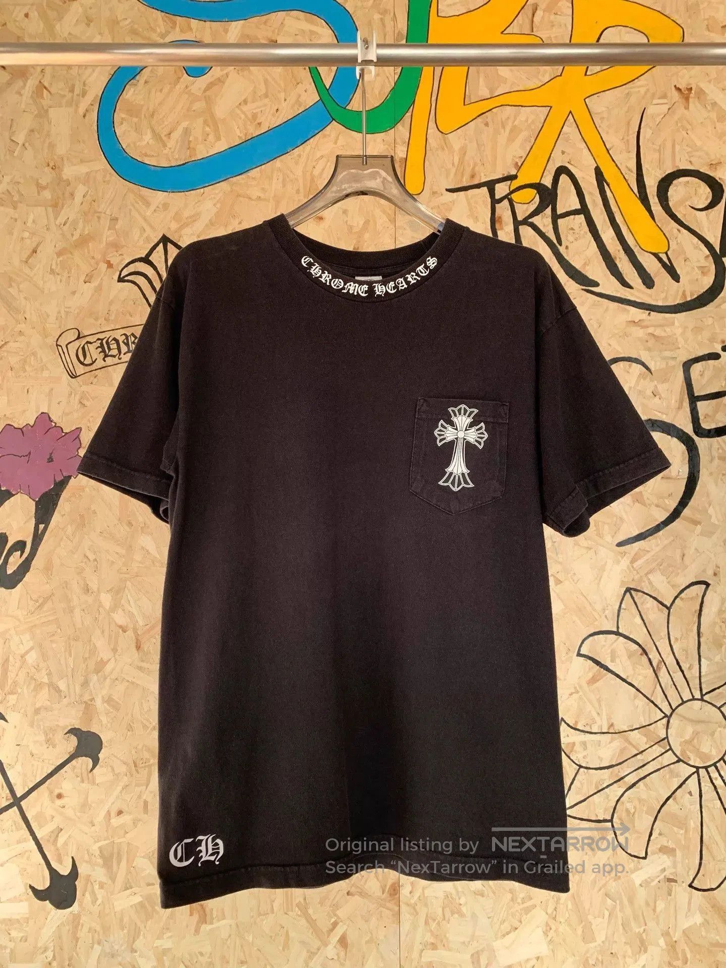 Chrome Hearts Orange on Black Hollywood Triple Cross Pocket Crew T