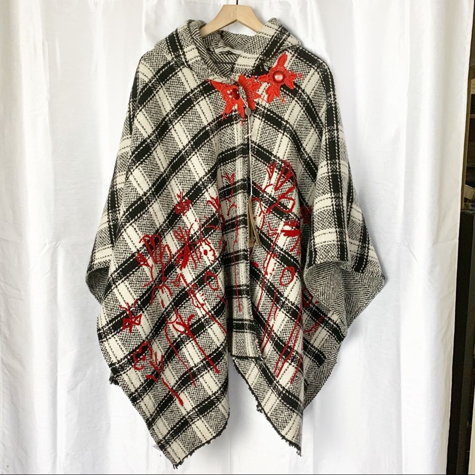 Ermanno Gallamini Ermanno Gallamini Hooded Wool Blanket Cape Poncho Check Size ONE SIZE - 5 Thumbnail
