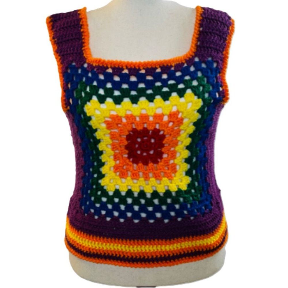 Handmade Crochet Vest Tank Top Retro 70's Hippie Granny Square Rib Ti Size ONE SIZE - 1 Thumbnail