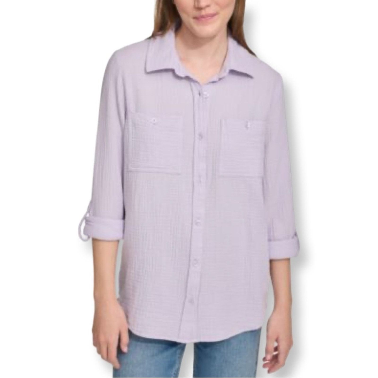 Nine West NWT Nine West Double-Crepe Button-Down Roll-Tab-Sleeve Shirt Size S / US 4 / IT 40 - 3 Thumbnail