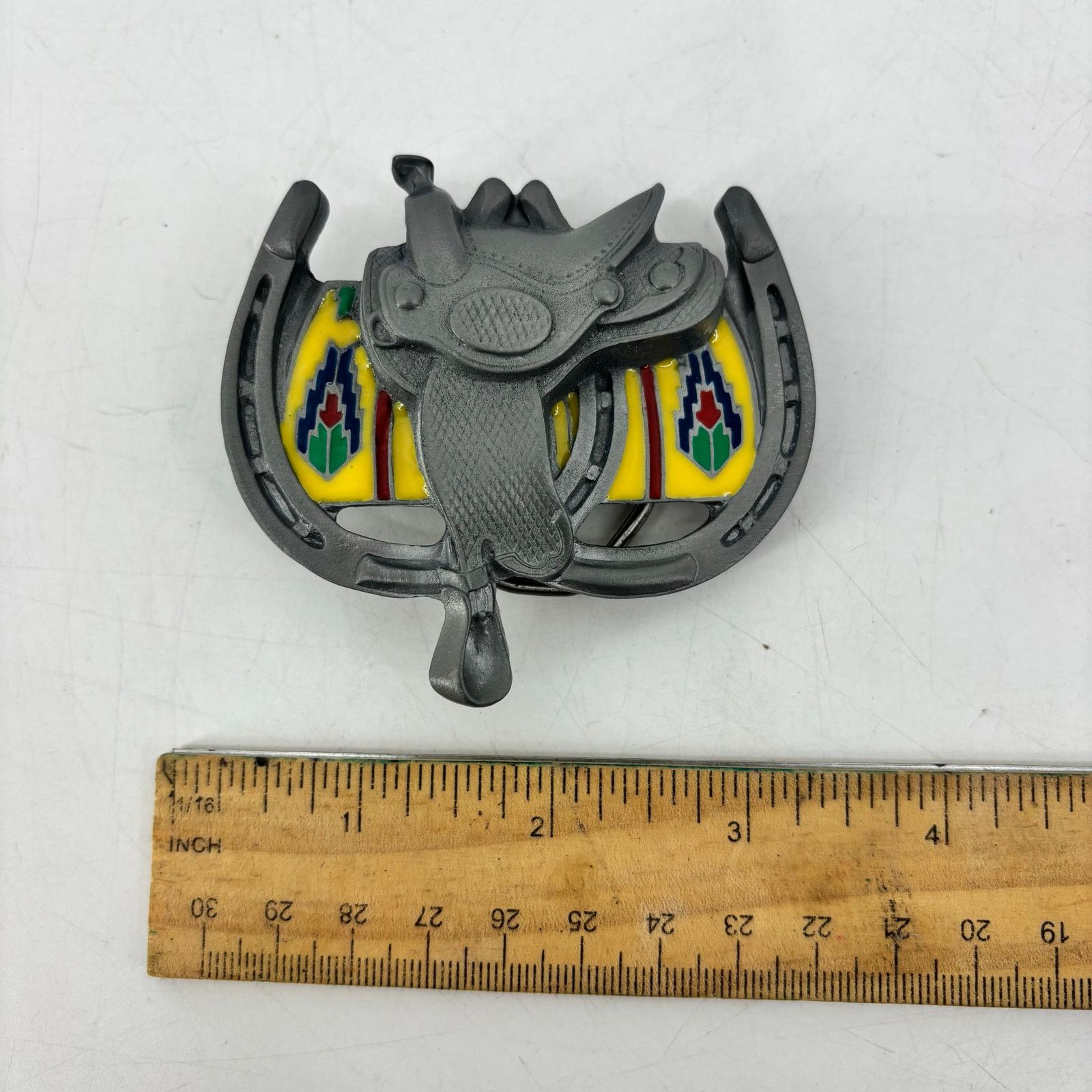 Vintage Western Belt Buckle Saddle Horseshoe Pewter Enamel Southwest Size ONE SIZE - 5 Thumbnail