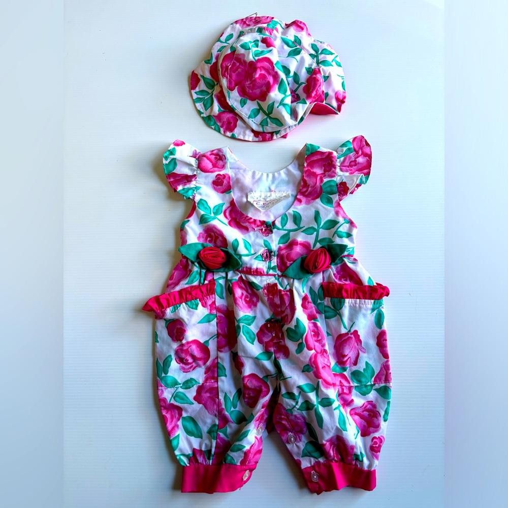 Designer Vintage 1990 baby Flower Romper with matching Hat Size ONE SIZE - 1 Thumbnail