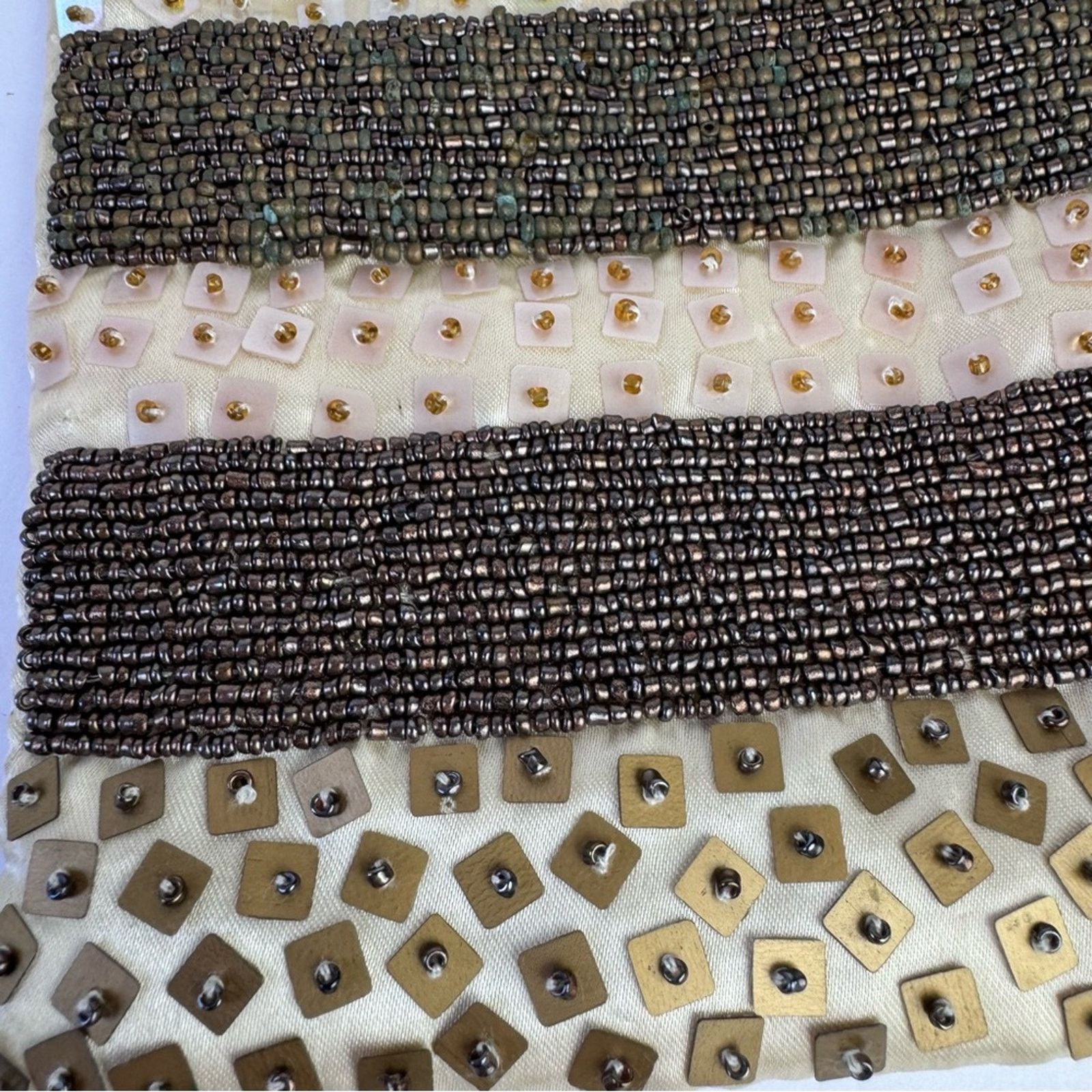 Vintage Cream Silk Bronze Beaded Sequined Evening Evening Bag 5x7 Size ONE SIZE - 8 Thumbnail