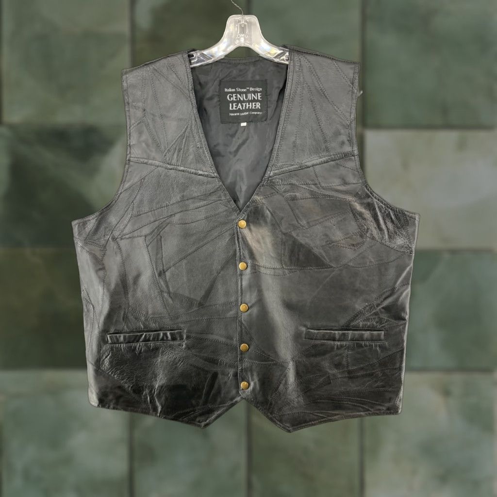 Navarre Leather Mens Vest 2XL Black Italian Stone Design Navarre Leather Company Vest Biker Motorcycle Casual Mens 2XL Black