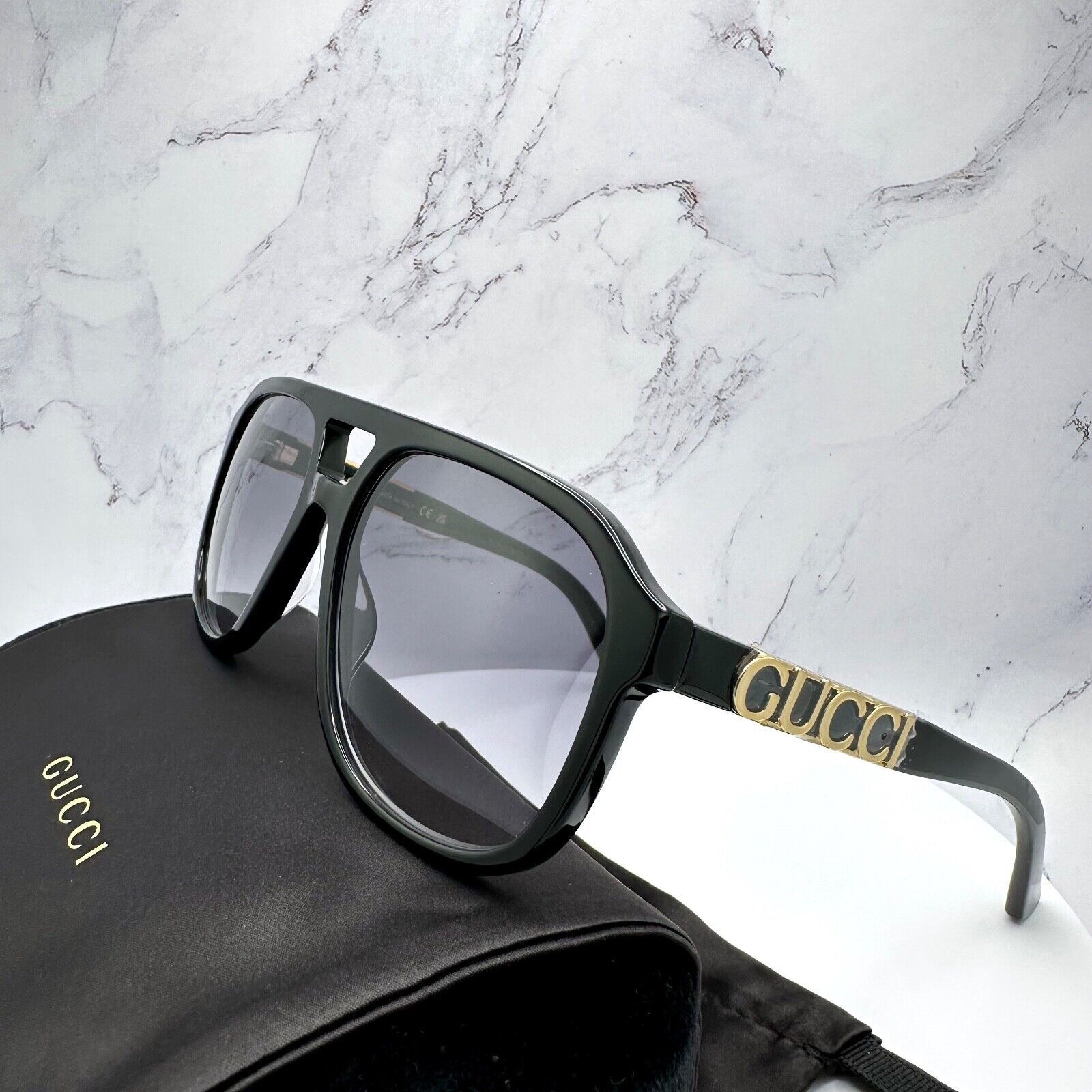 New Gucci Sunglasses Black Pilot Aviator 58mm Navigator Gold