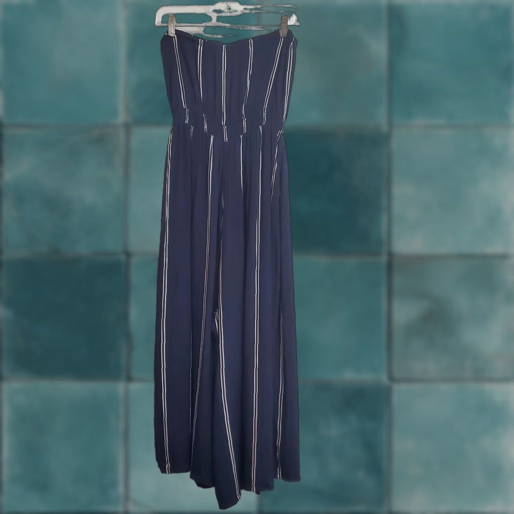 Urban Outfitters Urban Outfitters Silence + Noise Jumpsuit Women L Blue White Striped Strapless Wide Leg Romper Size 36" / US 14 / IT 50 - 1 Thumbnail