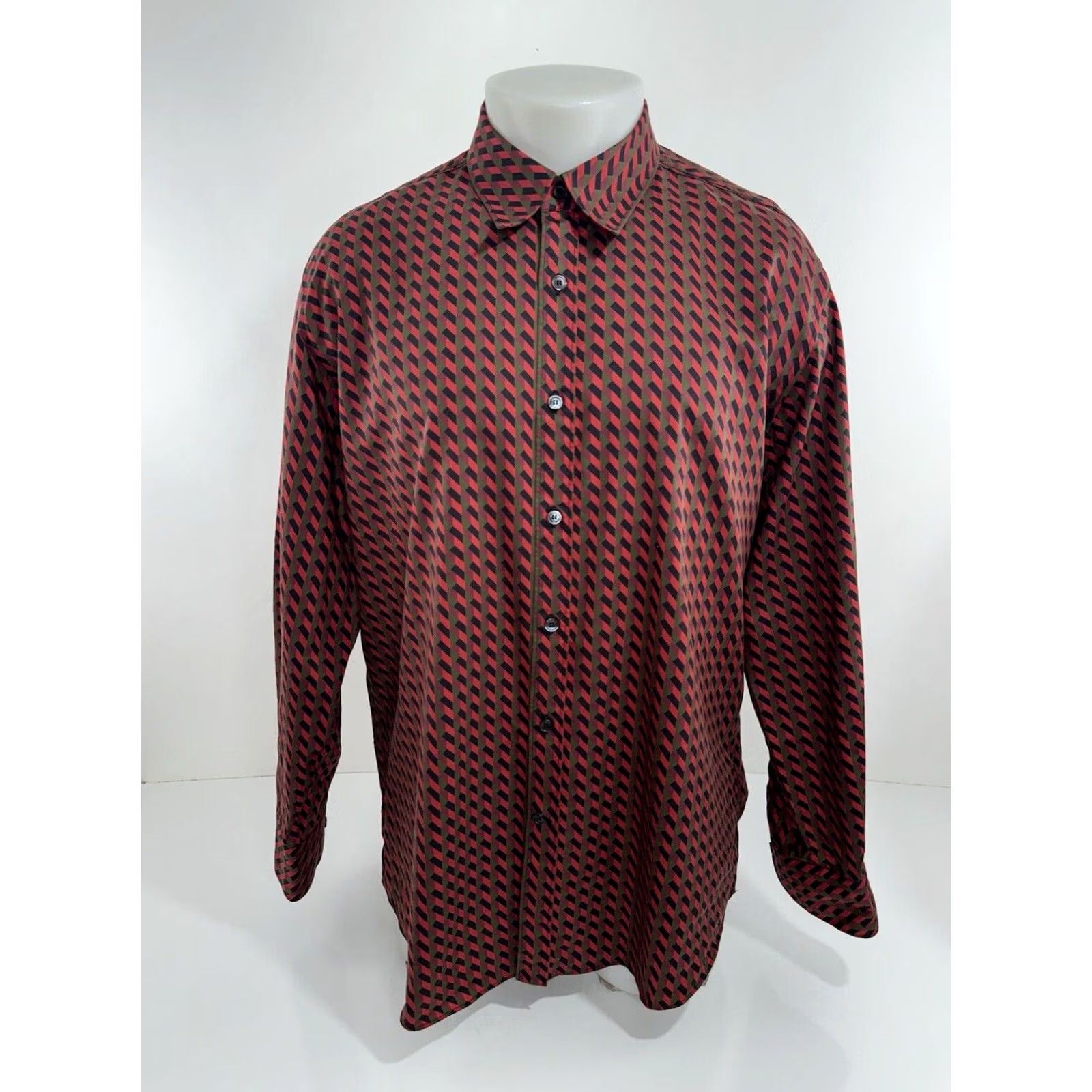 Salvatore Ferragamo Salvatore Ferragamo Geometric Mens XL Shirt Red / Black / Grayish Olive Button-Up Long Sleeve Size US XL / EU 56 / 4 - 2 Thumbnail