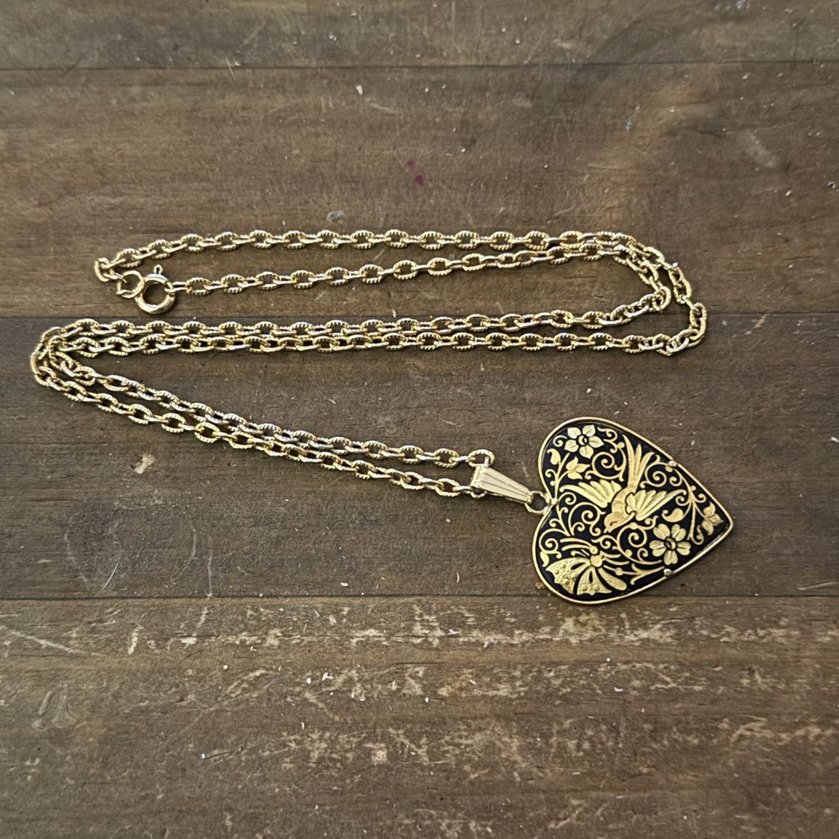 Vintage Vintage bird and flowers damascene heart pendant necklace Size ONE SIZE - 2 Thumbnail