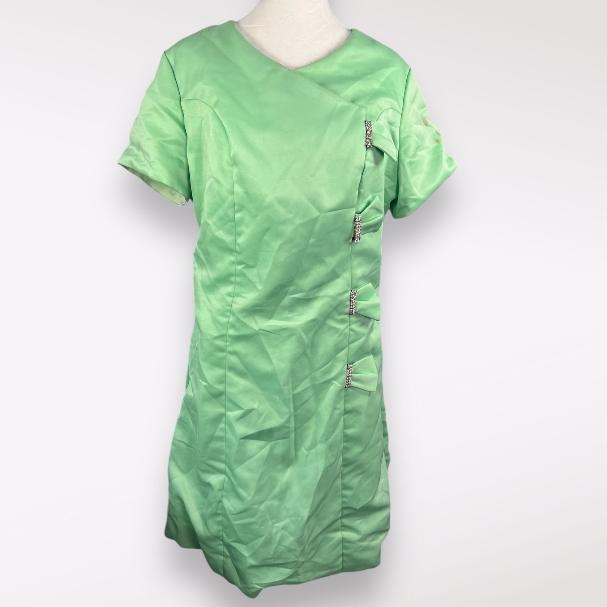 Vintage VTG Mint Green Satin Dress Jeweled Accents ❗️FLAWED❗️ Size S / US 4 / IT 40 - 1 Thumbnail