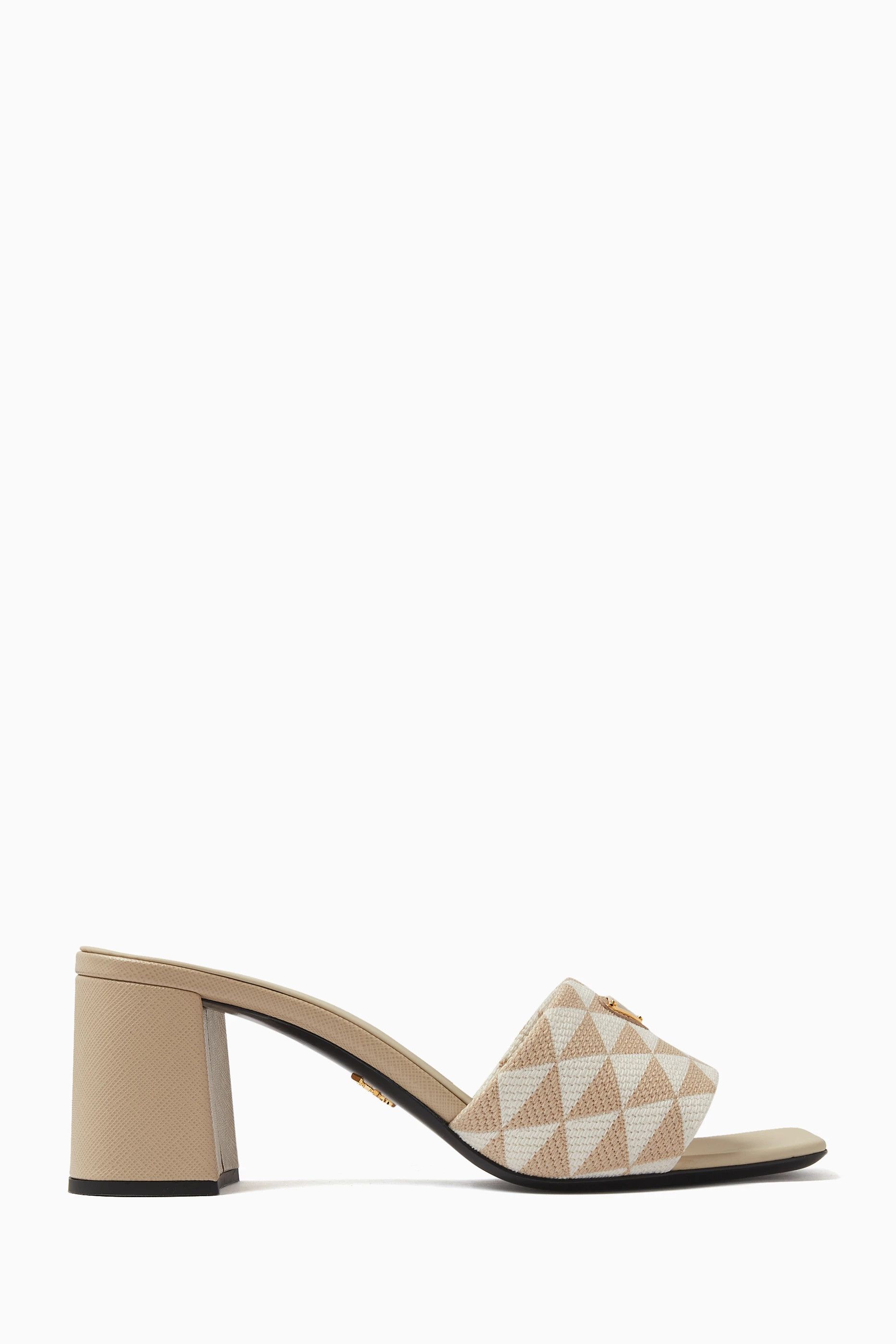 Prada o1B3y1r0526 Triangle Logo 65 Mule Sandals in Beige/White Size US 9 / IT 39 - 1 Thumbnail