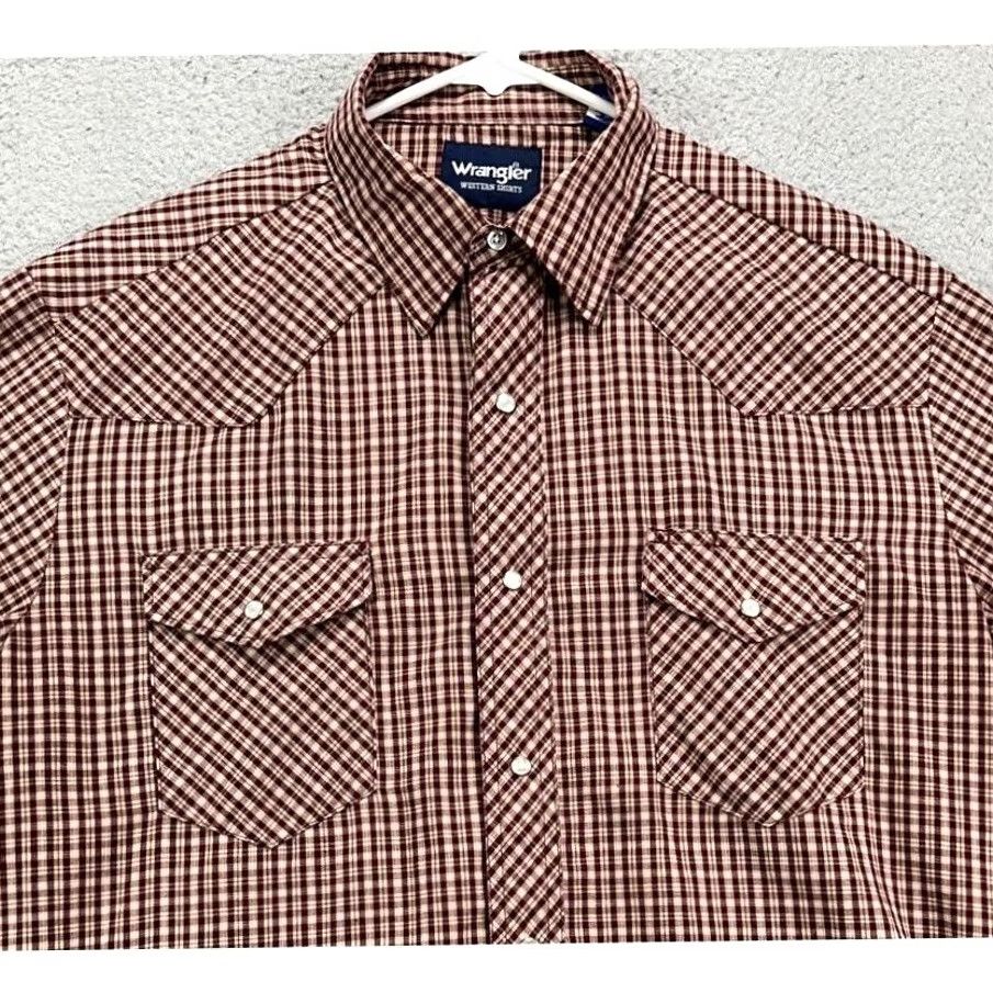 Wrangler Wrangler Western Shirt Mens Large Red Tan Plaid Pearl Snap 2-Flap Pockets EUC Size US L / EU 52-54 / 3 - 4 Thumbnail