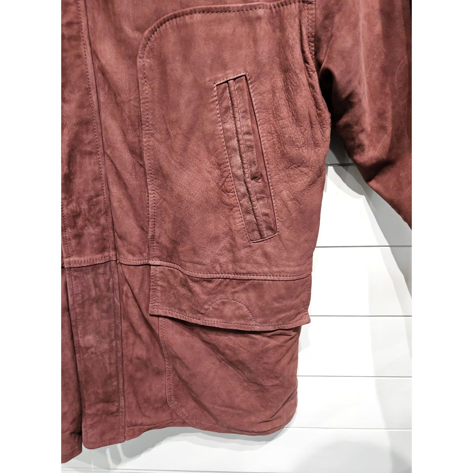 Vintage VINTAGE CONTEXT Leather Barn Coat Jacket Mens Long Overcoat Large Red/Purple - 33" Long, 22" Shoulder, 23" Pit to Pit Size US L / EU 52-54 / 3 - 4 Thumbnail