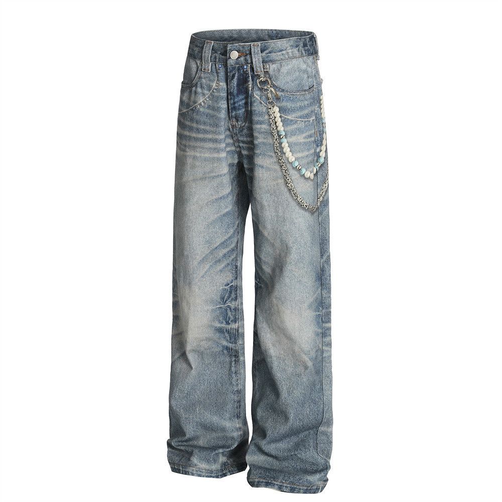Japanese Brand × Jean Men's distressed chain tie-dyed loose straight washed jeans Size US 32 / EU 48 - 2 Thumbnail
