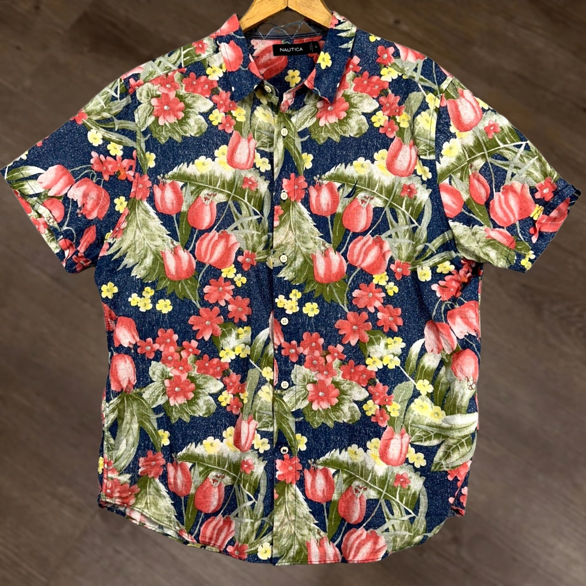 Nautica Nautica Hawaiian Shirt XL Blue Multi Floral Button-Up Linen Blend Mens Casual Summer Short Sleeve Size US XL / EU 56 / 4 - 1 Thumbnail